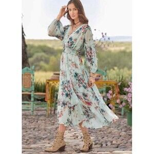 Sundance Floral Chiffon Long Sleeve Dress Size Medium Blue